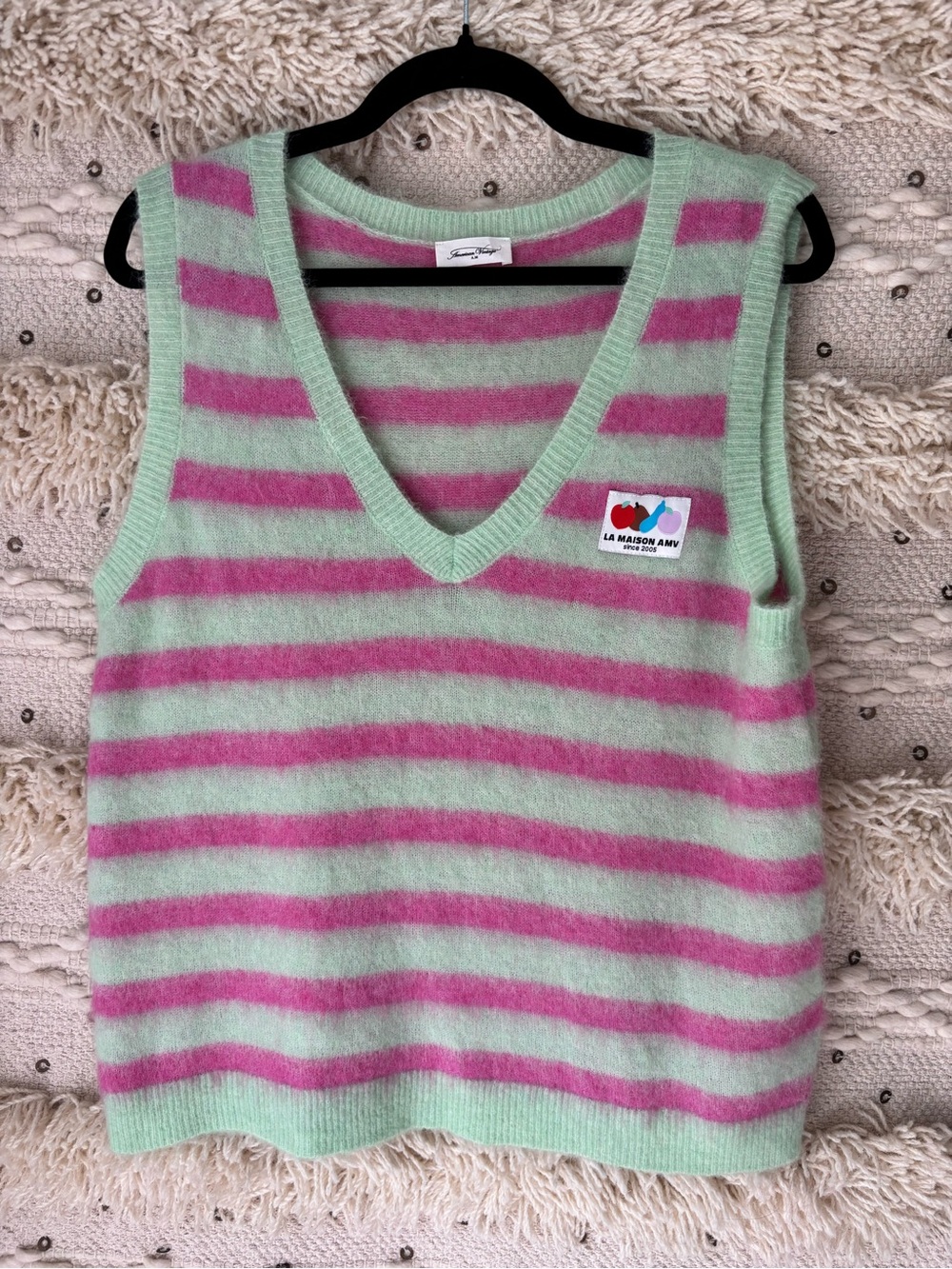 American Vintage Mint & Pink Striped V-Neck Tank Top